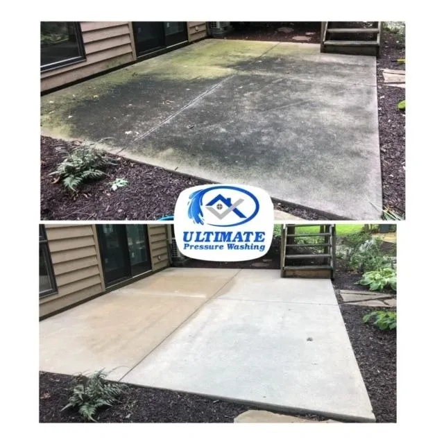 Concrete patio before and after cleaning, stacked