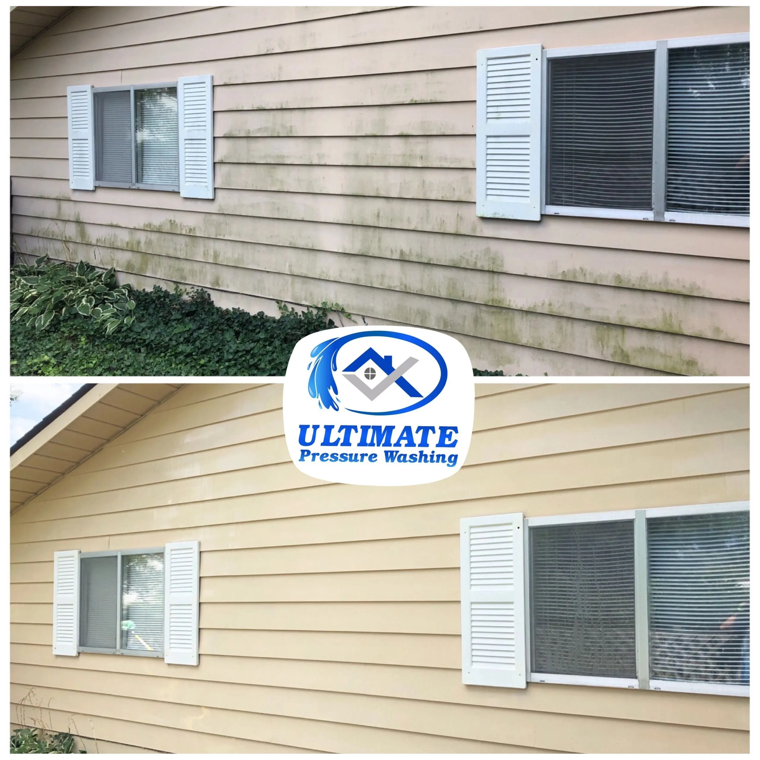 Cream vinyl siding with algae stains on top and clean siding below