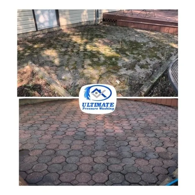 Paver patio before and after cleaning, stacked