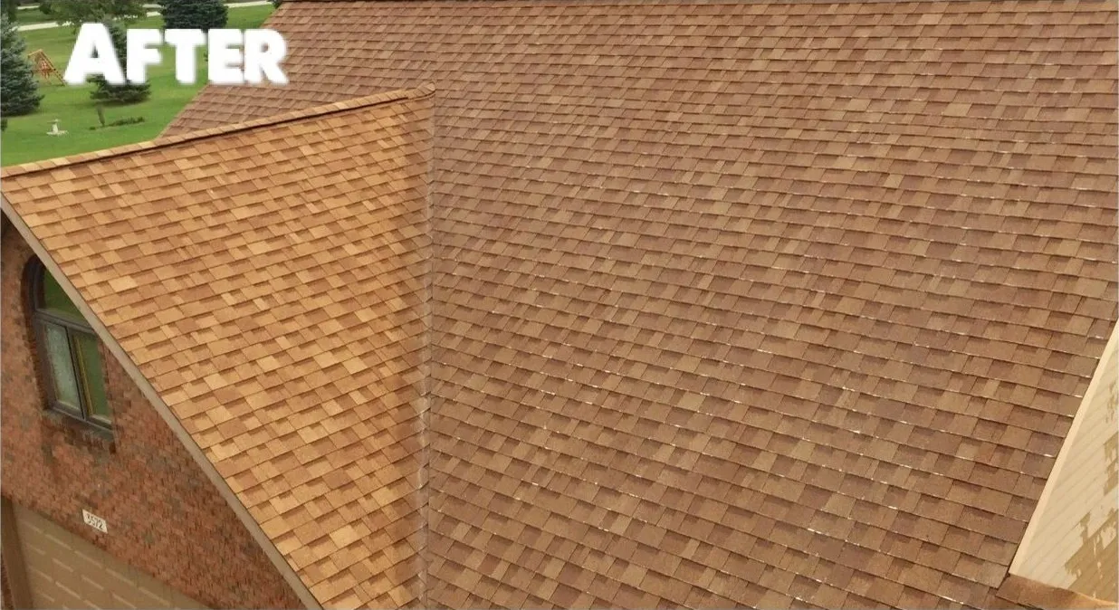 Tan shingle roof after cleaning