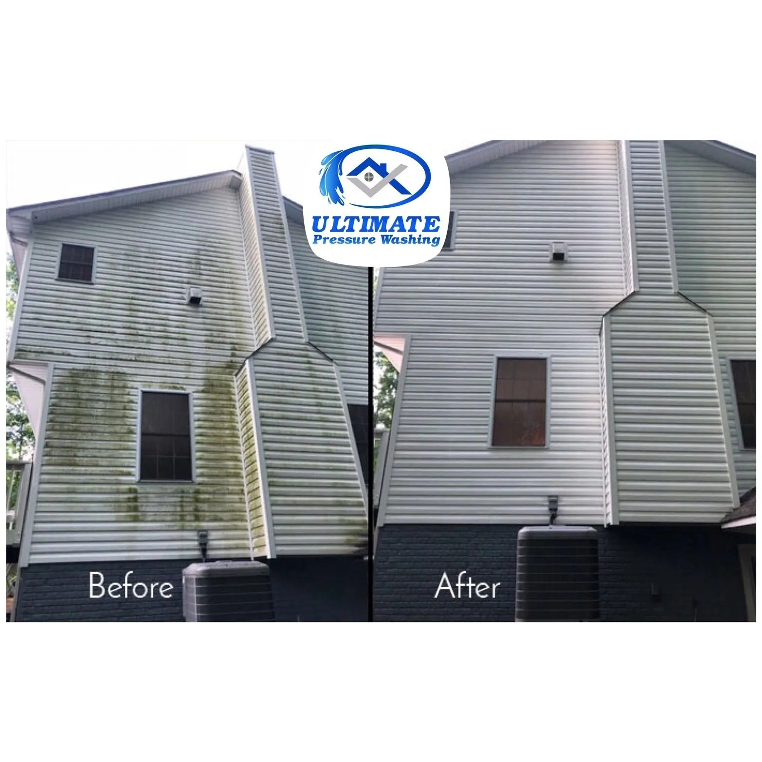 Two story vinyl siding before and after cleaning, side by side